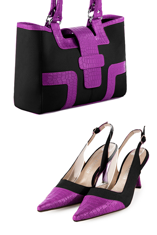 Matt black and mauve purple women's dress handbag, matching pumps and belts. Top view - Florence KOOIJMAN